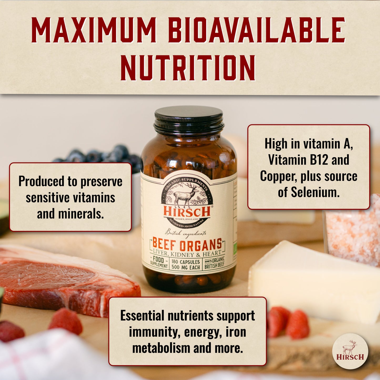 Hirsch PrimeOrgan™ Organic Grass Fed Beef Organs Supplement (Liver, Kidney & Heart)
