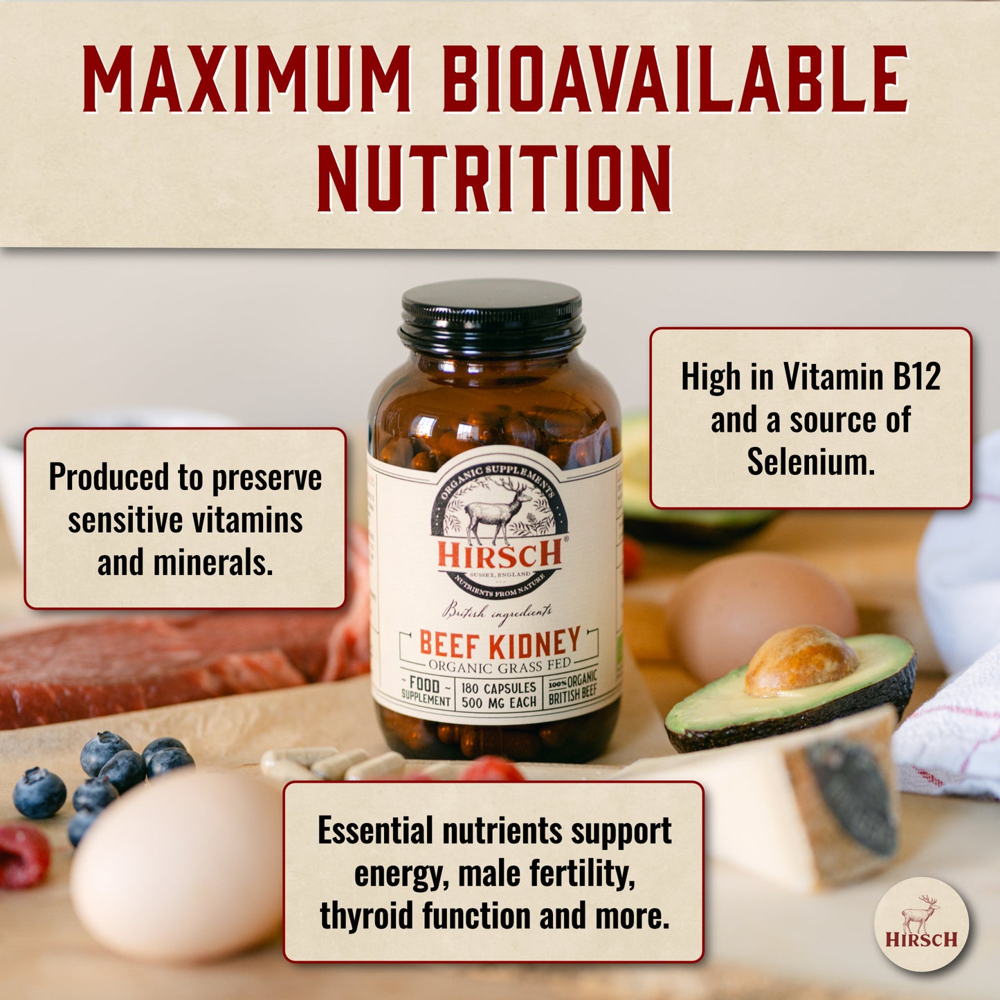 Hirsch PrimeOrgan™ Organic Grass Fed Beef Kidney Supplement