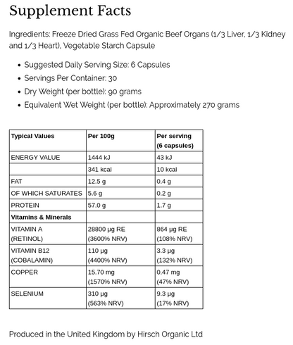 PrimeOrgan™ Organic Grass Fed Beef Organs Supplement (Liver, Kidney & Heart)